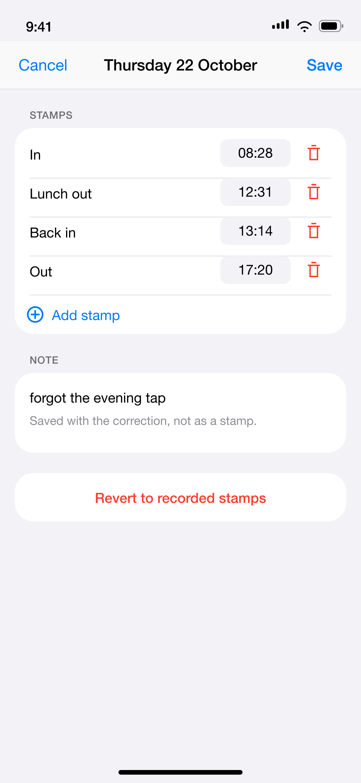 Editing the stamps of a day