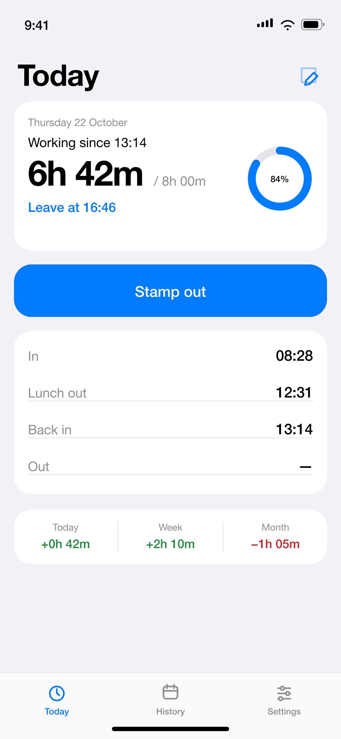 Today screen with worked time, progress ring and leave time