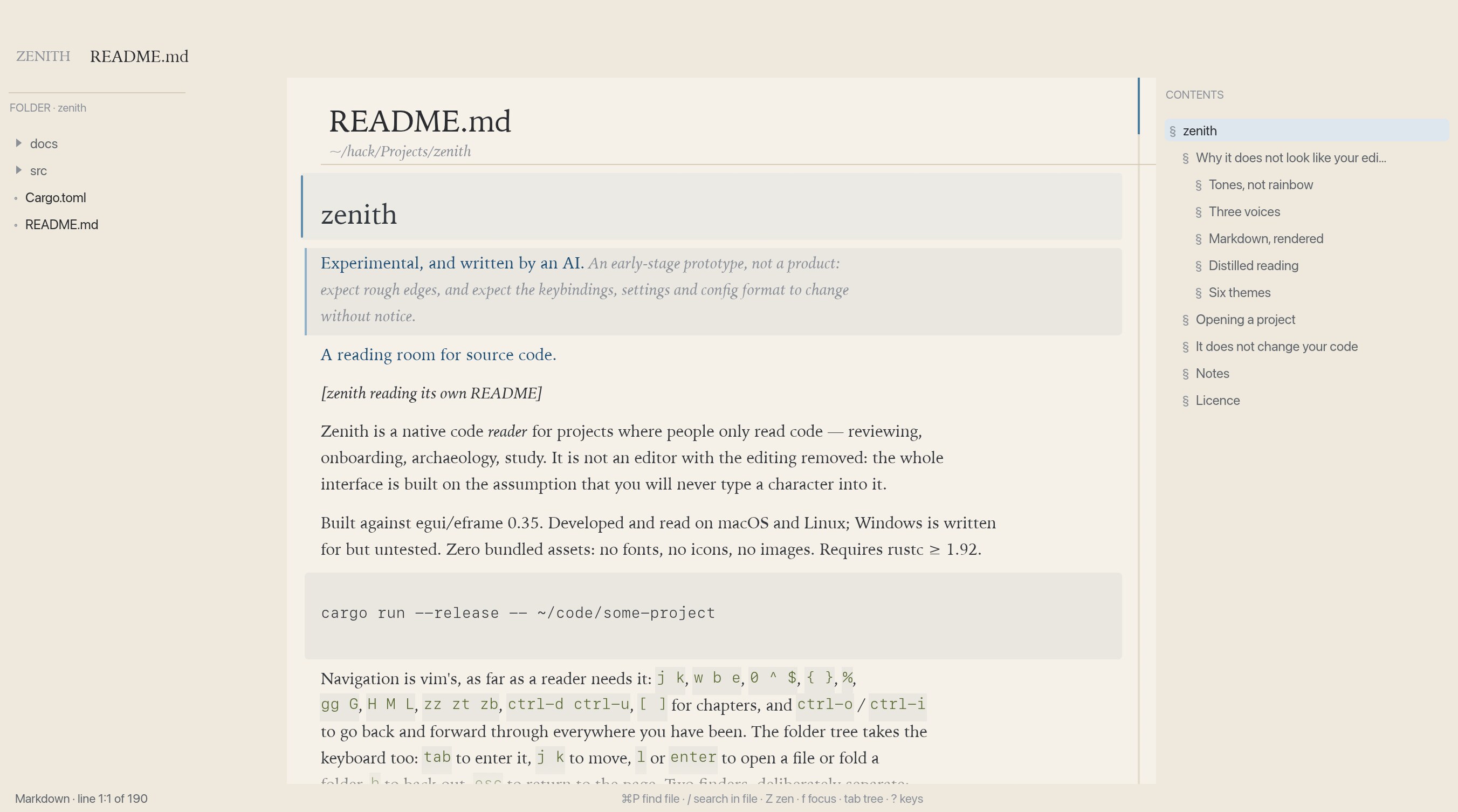 Zenith reading its own README: a file tree on the left, a page in the middle, contents and tools on the right.